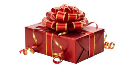 Beautifully wrapped vibrant red present adorned with an elaborate golden ribbon bow, symbolizing joy and celebration for special occasions and heartfelt moments