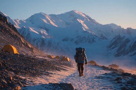 Mountaineer on the approach to an advanced basecamp near Peak Lenin, snowy alpine landscape