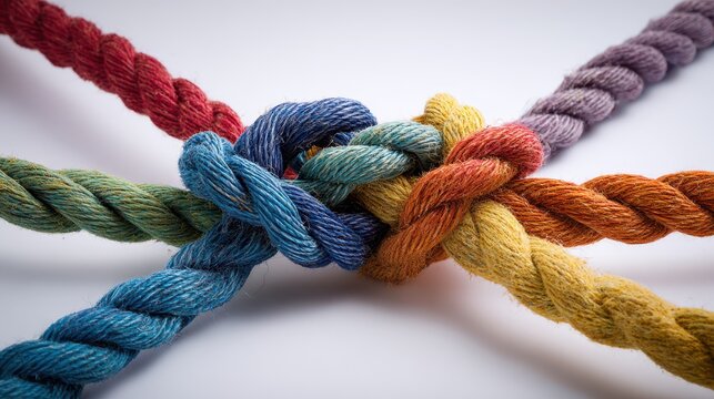 Multicolor rope cluster forming an interwoven knot against a clean studio backdrop