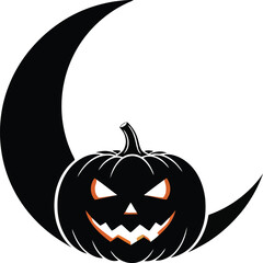 Spooky jack o lantern pumpkin silhouetted against a crescent moon