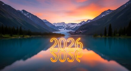 Luminous 2026 year reflected in serene mountain lake at sunset