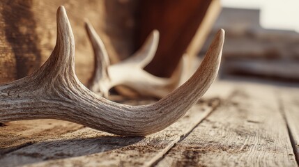 Natural light highlights bone texture of deer antlers in a vintage cabin still life