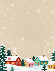 Christmas winter village card with snowy houses, trees and holiday decorations. Vector illustration.