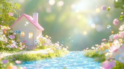Whimsical pink roof house nestled in a vibrant fairytale garden with sparkling blue river, colorful wildflowers, lush green grass, and magical sunlight bokeh.
