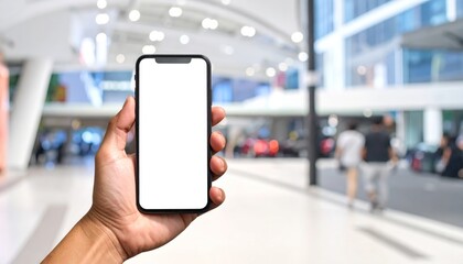 Hand holding a smartphone with a blank screen on the beach for digital communication