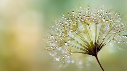 Nature macro image: dew beads on a dandelion seed against a dreamy blurred background