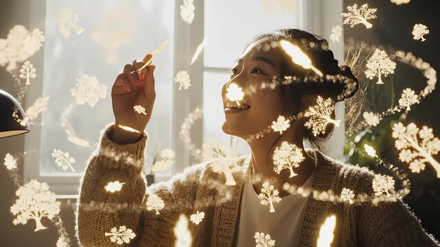 Young Woman Drawing Glowing Plant Ry in Sketchbook