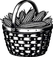 Basket of corn cobs illustration vintage farm harvest