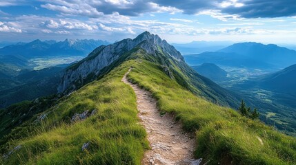 Scenic mountain ridge with a winding trail, leading towards a distant valley and peaks