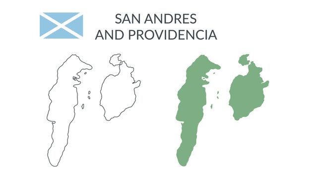 San Andres and Providencia geographical borders isolated on white background. Flag of San Andres and Providencia. Vector flat cliparts.