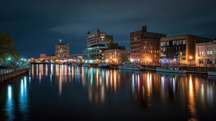 Fototapeta premium Nighttime Green Bay skyline along the Fox River with reflections