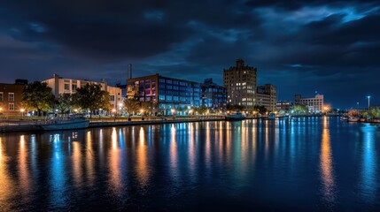 Obraz premium Nighttime Green Bay skyline along the Fox River with reflections