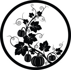 Circular silhouette of a pumpkin vine with gourds