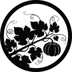 Black silhouette of a pumpkin vine with leaves and a pumpkin in a circle