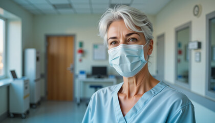 Elderly woman doctor wearing a mask in hospital environment for Walking pneumonia