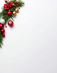 tarjeta navideña marco con regalos y adornos de navidad en la esquina sobre fondo blanco con espacio para texto y diseño, para felicitaciones, promociones o carta de reyes magos