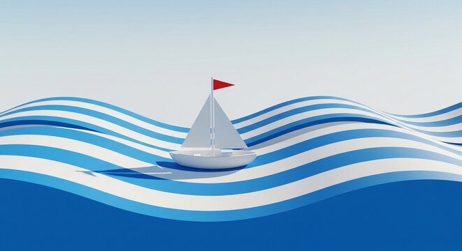 Sailing vessel on the blue ocean waves with a summer sky horizon
