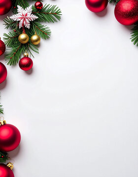 tarjeta navide&ntilde;a marco con regalos y adornos de navidad en la esquina sobre fondo blanco con espacio para texto y dise&ntilde;o, para felicitaciones, promociones o carta de reyes magos