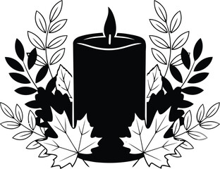 Black silhouette candle surrounded by autumn leaves and branches