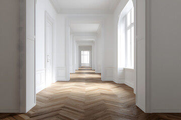 Obraz premium Long corridor featuring large windows and herringbone wood flooring bathed in natural light during daytime