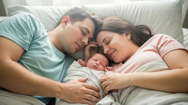 New parents enjoy a tranquil morning snuggling with their newborn in bed, embracing family love