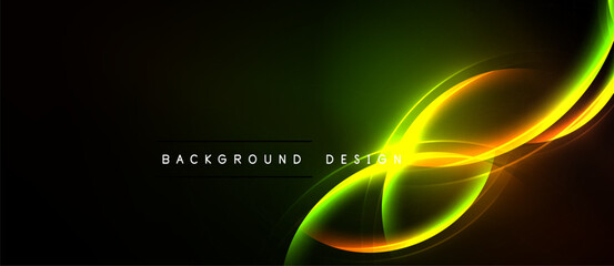 Abstract neon waves, vibrant green, orange hues. Dark background creates dramatic visual effect. Modern design element.