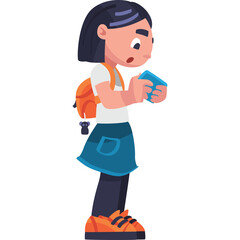 Pixel art illustration of a young girl with dark hair wearing a white t shirt and blue skirt holding a blue phone with a surprised expression and an orange backpack standing on white background