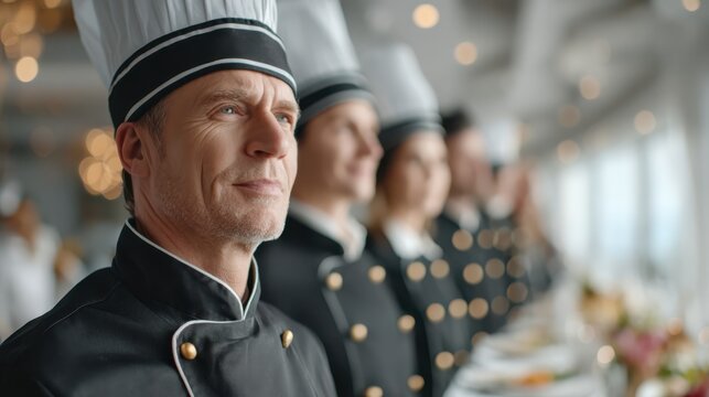 A focused chef stands with a team in a beautifully set dining environment, showcasing professionalism and culinary artistry.