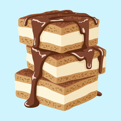 Mouth-watering vector illustration of a stack of three square chocolate cake pieces. Features layers of sponge cake, cream, cocoa powder, and rich chocolate sauce dripping down.