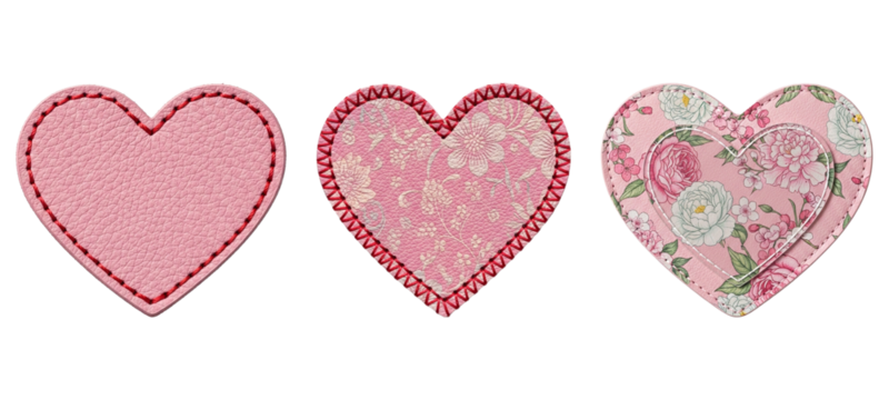 Three pink decorative hearts with floral patterns and stitching. cutout on transparent background