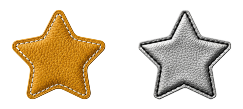 Two leather star icons (orange/silver) with stitching. cutout on transparent background