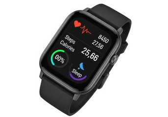 Modern black smartwatch displaying health metrics isolated on white background