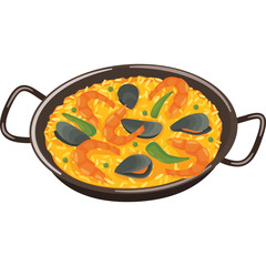 Pixel Art Paella Seafood Dish in Black Pan with Shrimp Mussels and Green Peppers Overhead View Vibrant Yellow Rice Detailed Food Illustration Isolated on Transparent Background
