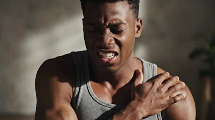 Man in pain holding his shoulder, experiencing discomfort and injury