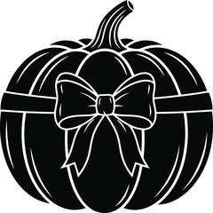 Black and white silhouette of a pumpkin with a bow