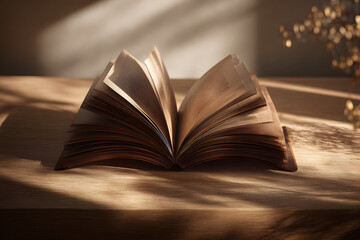 Open book revealing glowing pages in a dimly lit setting during evening hours