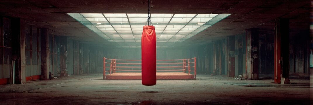 Red Punching Bag Hangs in an Empty Boxing Gym, Highlighting an Intense Training Environment Ready for Action - Powered by Adobe