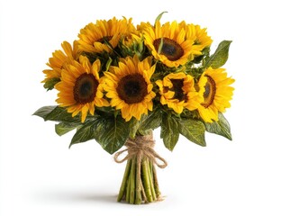 Bouquet of sunflowers, bright yellow petals, tied with twine