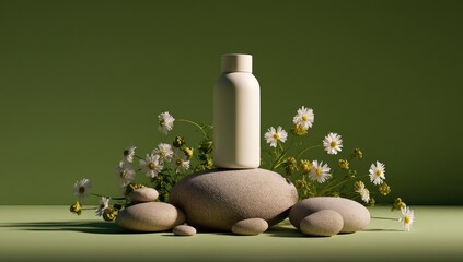 Bottle on stones with daisies against green