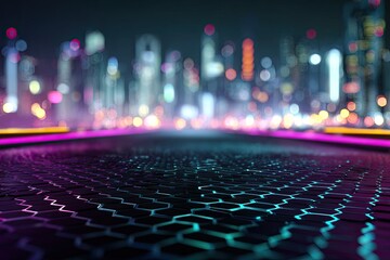 Cityscape blurs beyond futuristic honeycomb floor