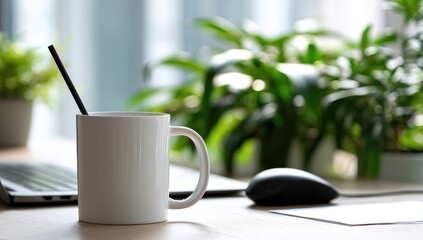 Mug, straw, computer, mouse and potted plants on a wooden desk