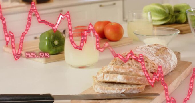 Red graph appearing, rising, falling over counter, camera panning right, showing bread salad trends