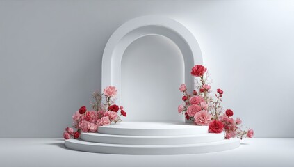 Floral stage. Arch backdrop, red flowers, clean, bright scene