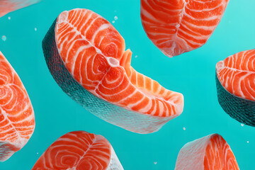 Salmon fillets floating against a bright blue background creating a vibrant and mouthwatering scene