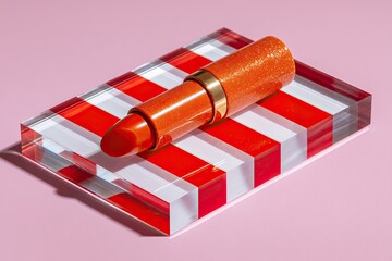 Shiny orange lipstick on striped transparent block