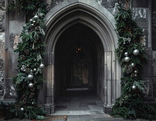 Fototapeta premium Beautifully Decorated Archway in a Historic Stone Building During the Holiday Season