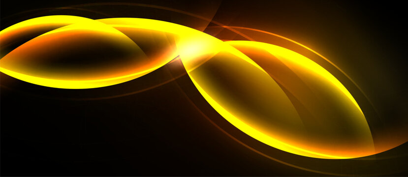 Bright golden shapes overlap, creating luminous abstract design. Dark background emphasizes glowing curves, radiating energy.