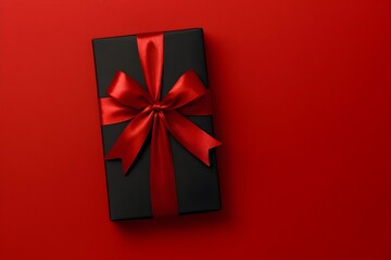 Elegant Black Gift Box with Red Ribbon on Red Background for Holiday Presentations