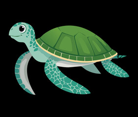 Large Sea Turtle Animal Swimming In Blue Deep Water Profile View For Aquarium And Sea Life