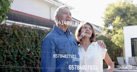 Couple by pool reacting to numeric overlays appearing, pointing and analyzing smart home data